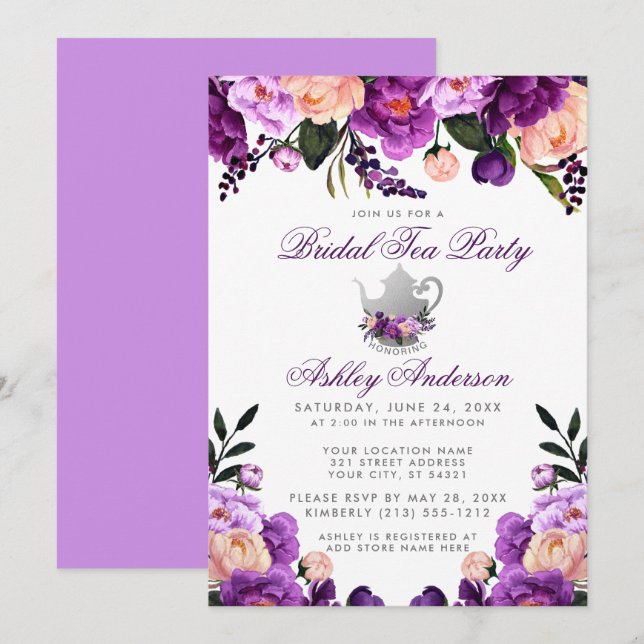Invitation de Tea Party Fête des mariées violet ul (Devant / Derrière)