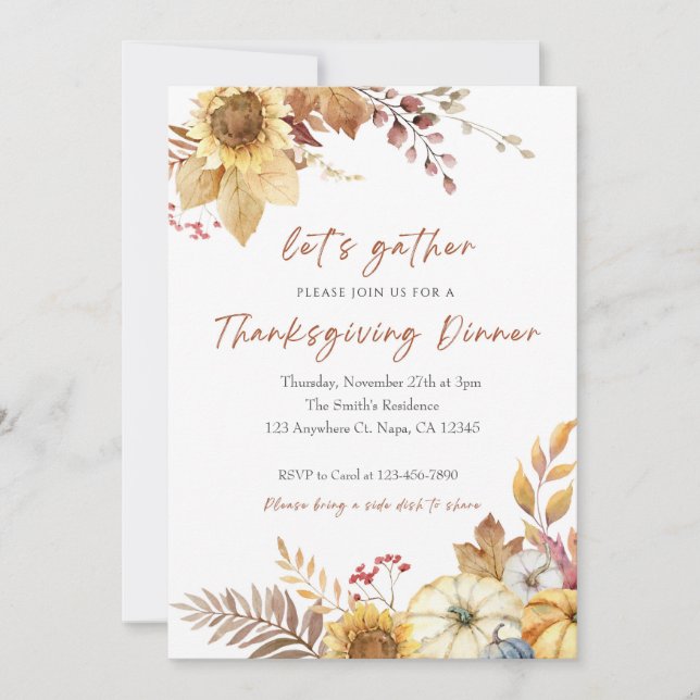 Invitation de Thanksgiving aquarelle orange et bei (Devant)