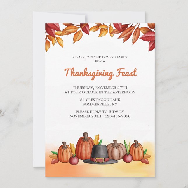 Invitation de Thanksgiving Casquette de Pilgrim (Devant)