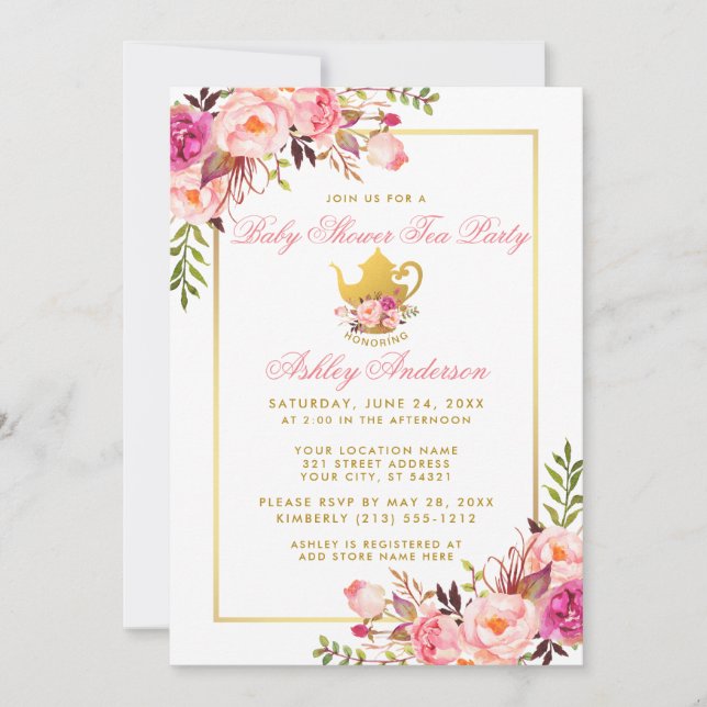 Invitation de thé Baby shower rose Floral or (Devant)