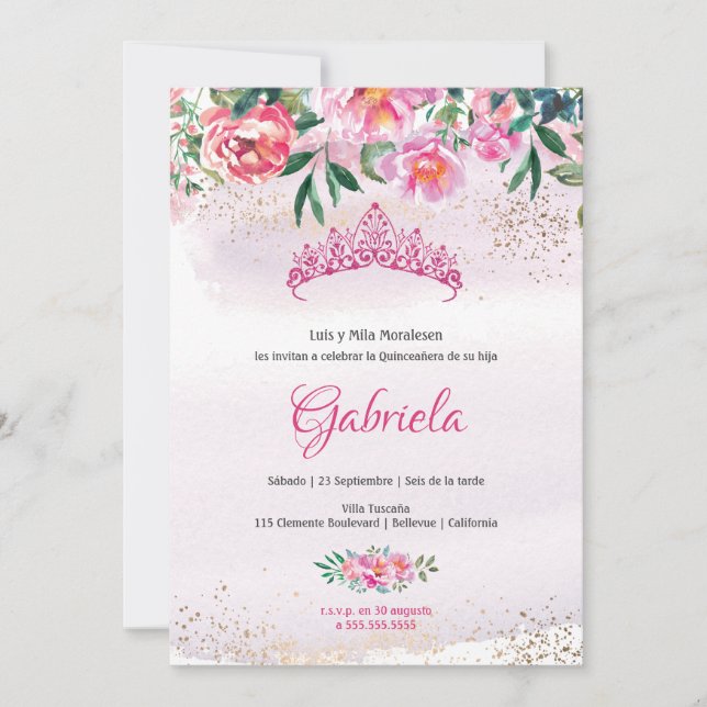 Invitation de Tiara Quinceanera, princesse rose él (Devant)