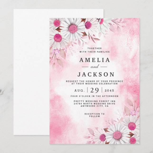 Invitation de TickMe Pink Daisy Florals (Devant / Derrière)