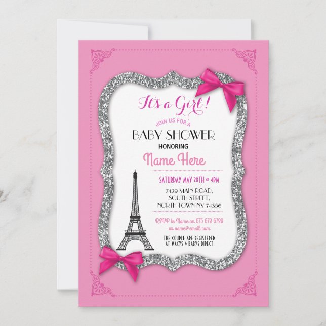 Invitation de Tour Eiffel de rose de fille de baby (Devant)