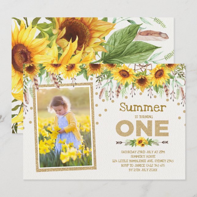Invitation De tournesol été jaune de ęr anniversaire d'abord (Devant / Derrière)