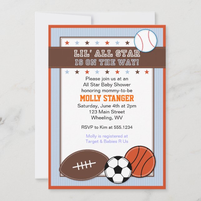 Invitation de tout Baby shower Sport Star (Devant)