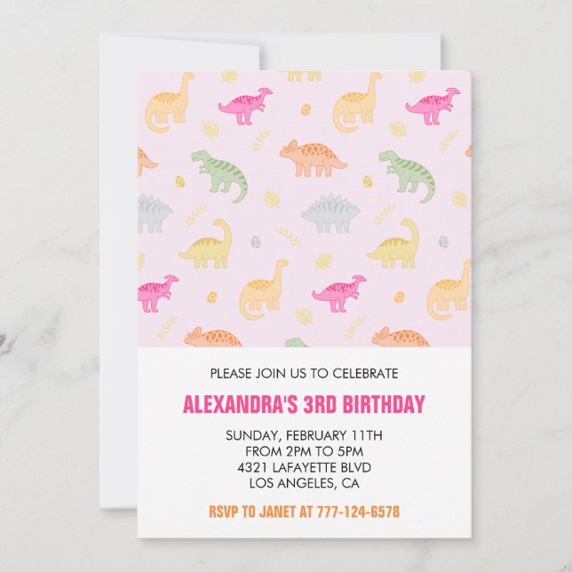 Invitation de trois rex anniversaire coloré rose (Devant)