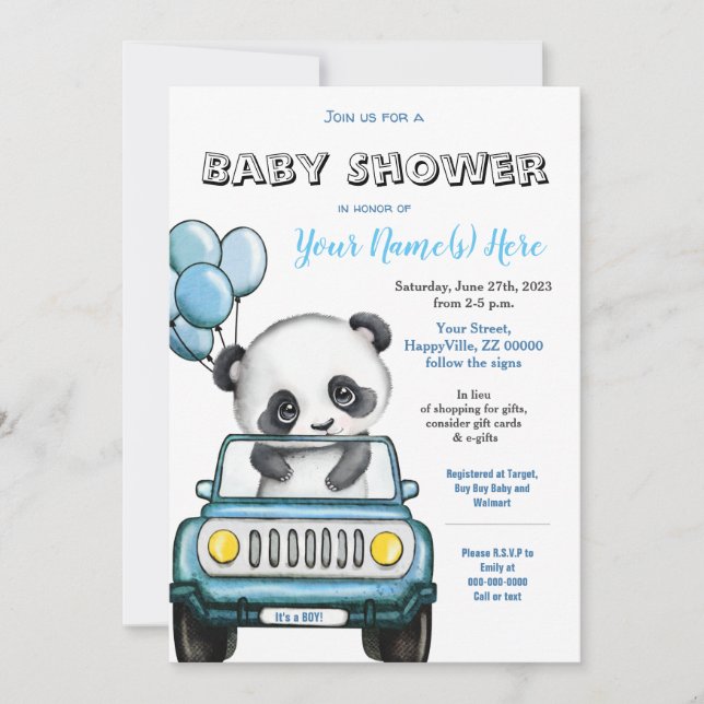 Invitation de voiture Baby shower Panda Boy (Devant)