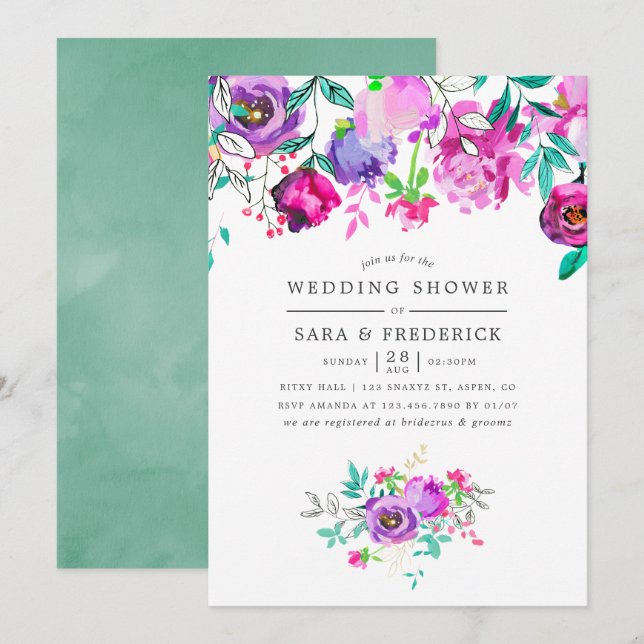 Invitation de Wedding shower de fleurs pourpres et (Devant / Derrière)