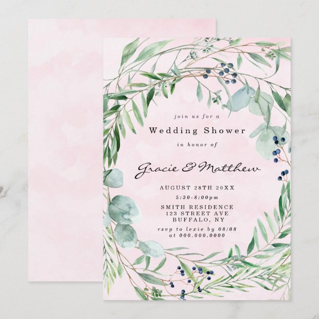 Invitation de Wedding shower Eucalyptus Blush Rose (Devant / Derrière)