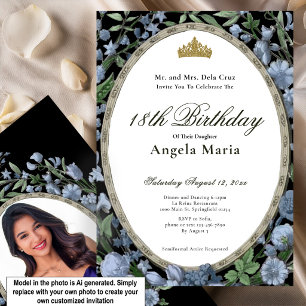 Invitation Début de 18 ans à la florale bleue élégante