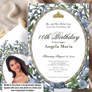 Invitation Début de 18 ans aux fleurs bleues élégantes