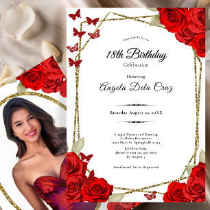 Invitation Début élégant de 18 ans avec des roses rouges et o