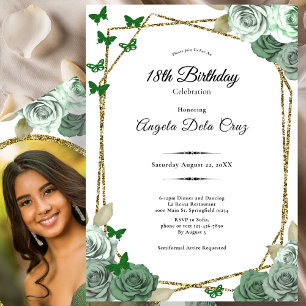 Invitation Début élégant de 18 ans avec rose verte et or