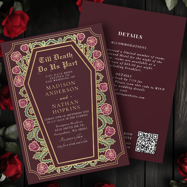 Invitation Décès Nous Part Or Rouge Gothique Mariage QR Code (Créateur téléchargé)