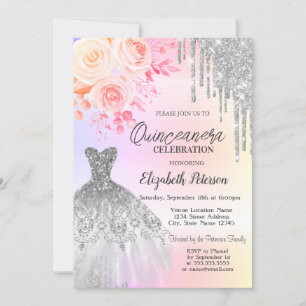Invitation Déchets d'argent, Dress Ombre Rose Quinceanera