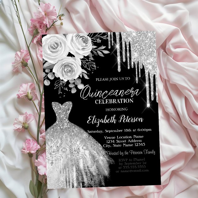 Invitation Déchets d'argent, Robe Rose Black Quinceanera (Créateur téléchargé)