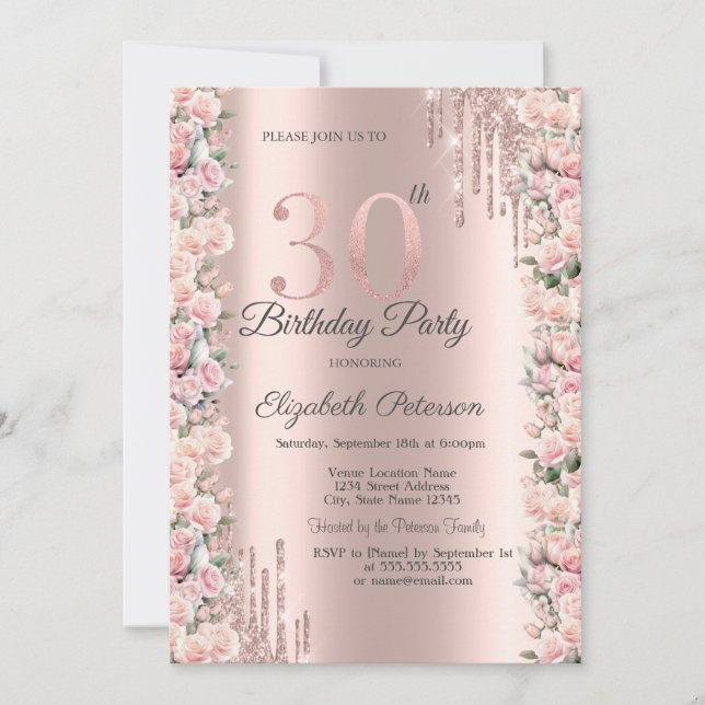 Invitation Déchets de cadres rose Rose Gold 30e anniversaire (Devant)