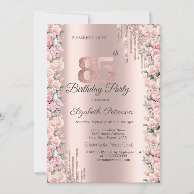 Invitation Déchets de cadres rose Rose Gold 85e anniversaire (Devant)
