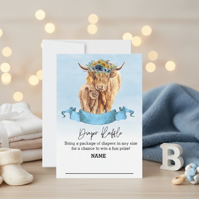 Invitation Déchets Raffle Blue boy Highland Cow Baby shower (Créateur téléchargé)