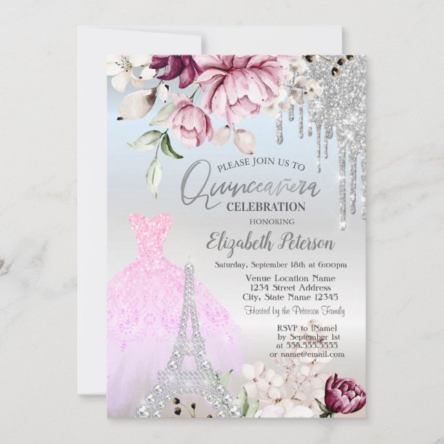 Invitation Déchets, Robe, Tour Eiffel Lilac Rose Quinceañera (Devant)