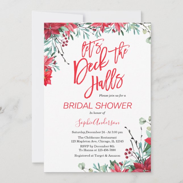 Invitation Deck Halls Poinsettia Fête des mariées de Noël (Devant)