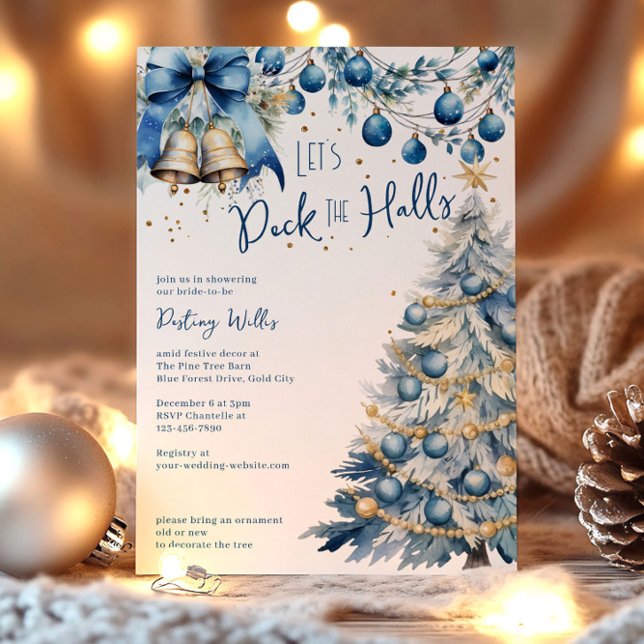 Invitation Deck the Halls Fête des mariées de Noël bleue (Deck the Halls Blue Christmas Bridal Shower Invitation by Darling & May)