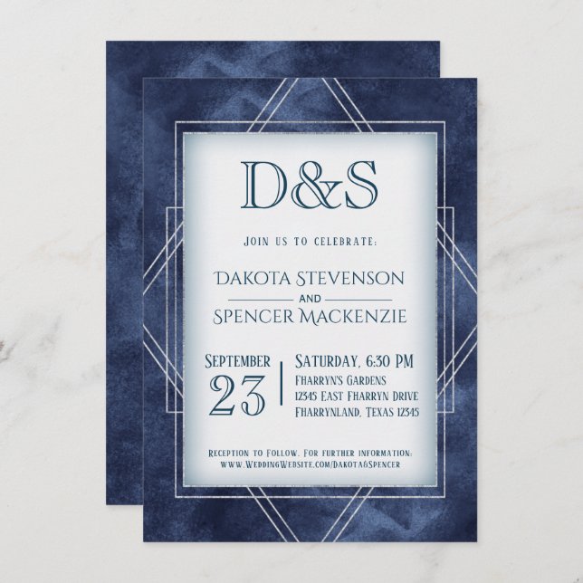 Invitation Déco Art Déco Bleu Géométrique | Mariage Monogramm (Devant / Derrière)