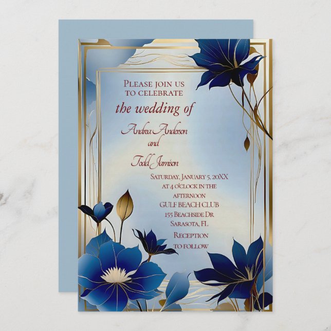 Invitation Deco blue flower wedding (Devant / Derrière)