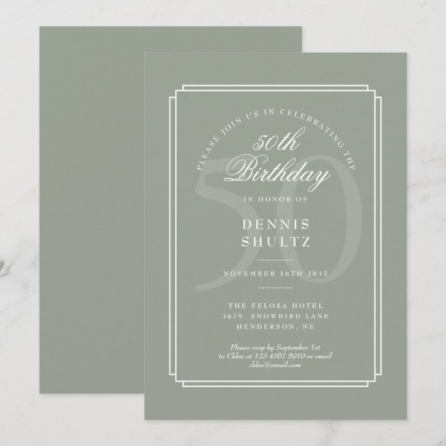 Invitation Déco classique| Sage and White 50th Birthday (Devant / Derrière)