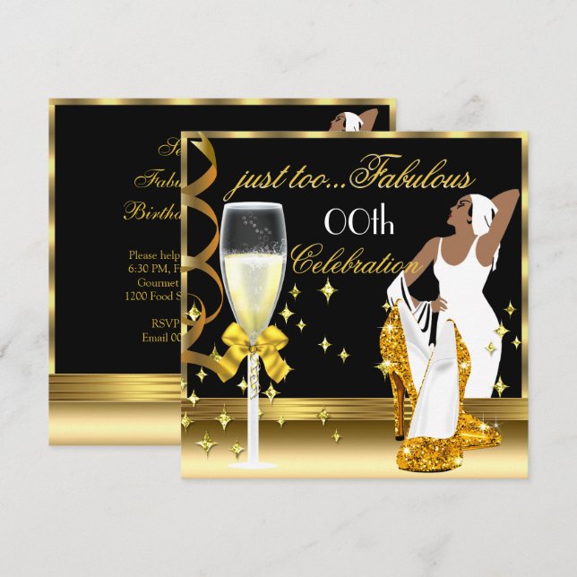 Invitation Déco Lady Gold Noir Trop Fabuleux Anniversaire (Devant / Derrière)