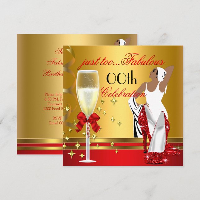 Invitation Déco Lady Rouge or Trop fabuleux fête d'anniversai (Devant / Derrière)