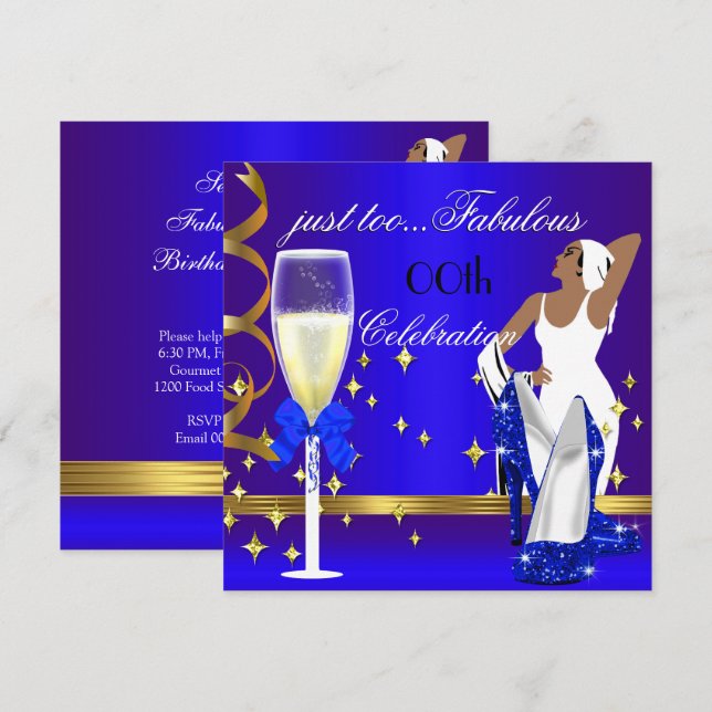 Invitation Déco Lady Royal Blue Gold Trop Fabuleux Anniversai (Devant / Derrière)