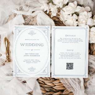 Invitation Déco moderne blanc Bleu Dusty tout en un Mariage
