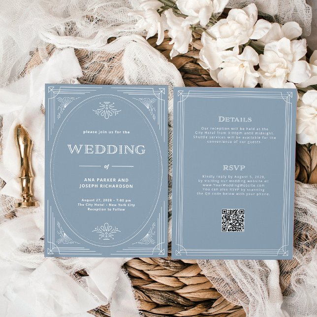 Invitation Déco moderne Dusty Bleu tout en un Mariage de code (Créateur téléchargé)