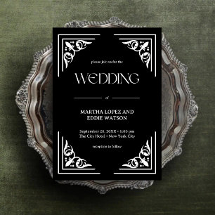 Invitation Déco Moderne Élégant Mariage Noir et Blanc Onyx