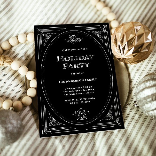Invitation Déco moderne | Elégante fête de Noël (An elegant, art deco style black holiday party invitation)