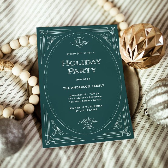 Invitation Déco moderne | Élégante fête de vacances vertes (An elegant, art deco style green holiday party invitation)