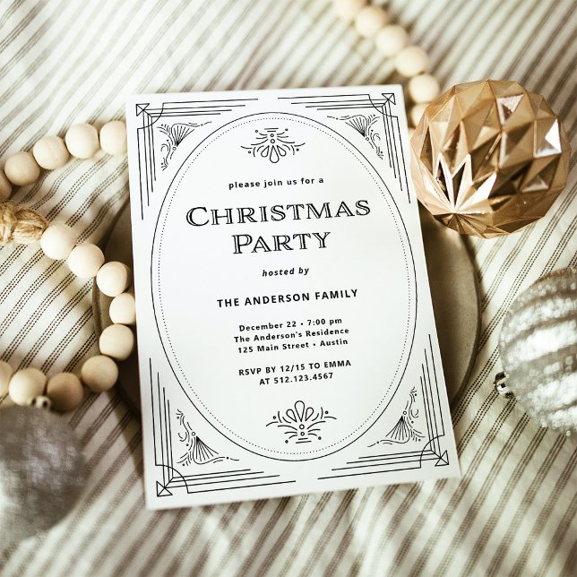 Invitation Déco moderne | Fête de Noël noire et blanche (An elegant, black and white art deco style Christmas party invitation)