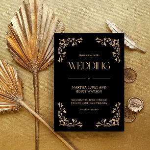 Invitation Déco Moderne   Mariage Élégant Noir et Or
