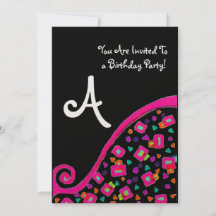Invitation DÉCO MONOGRAM FÊTE D'ANNIVERSAIRE, fuchsia or noir