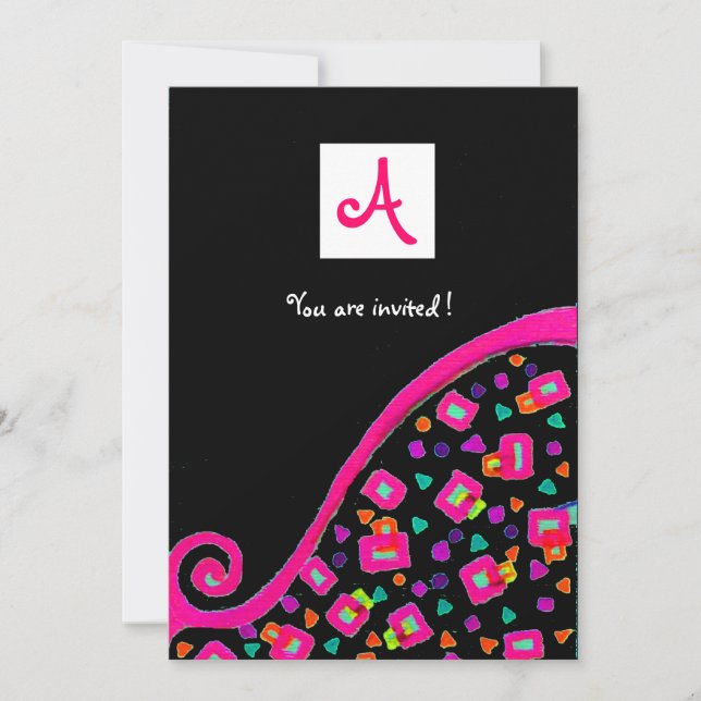 Invitation DECO MONOGRAM, noir ,rose violet blanc (Devant)