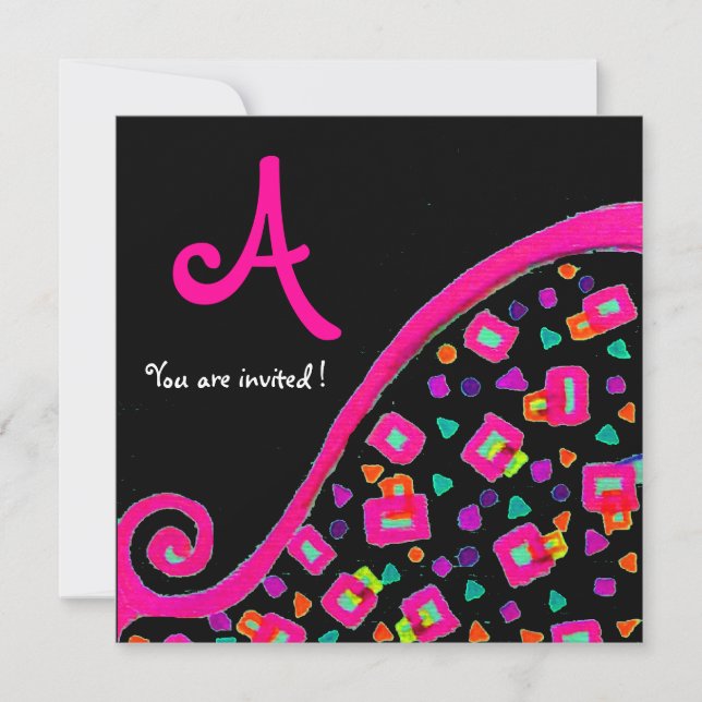 Invitation DECO MONOGRAMME, Rose Violet Fuchsia Noir (Devant)