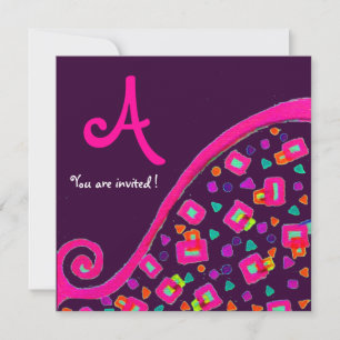 Invitation DECO MONOGRAMME, Rose Violet Fuchsia Violet