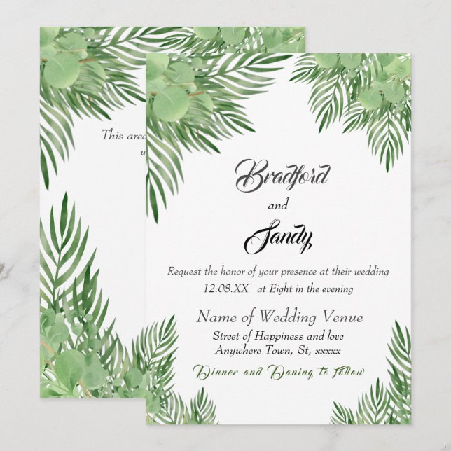 Invitation Décontracté Beach Wedding Green Eucalyptus Palm fe (Devant / Derrière)