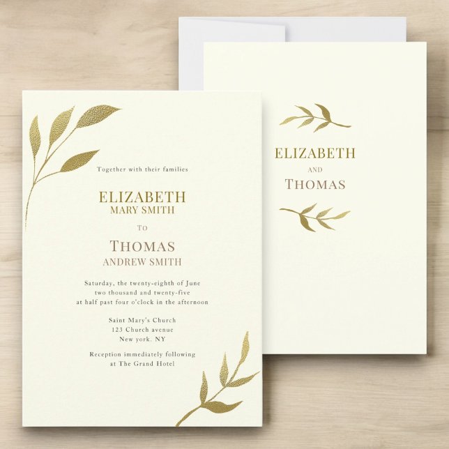 Invitation Décontracté élégant ivoire et mariage or (casual text ivory and gold minimal wedding invitation easy to custominze to suite your personal need)