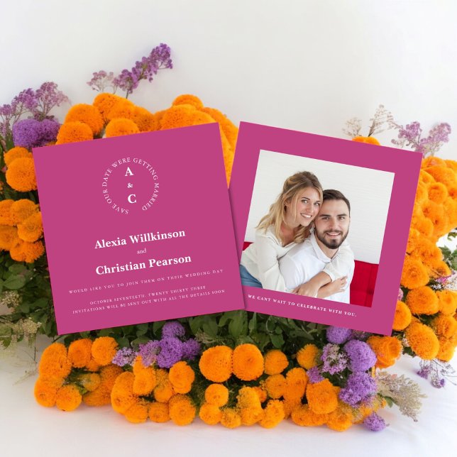 Invitation Décontracté initiales photo rose enregistrer la da (save the date card in bold pink with a photo fully editable to suite your needs )
