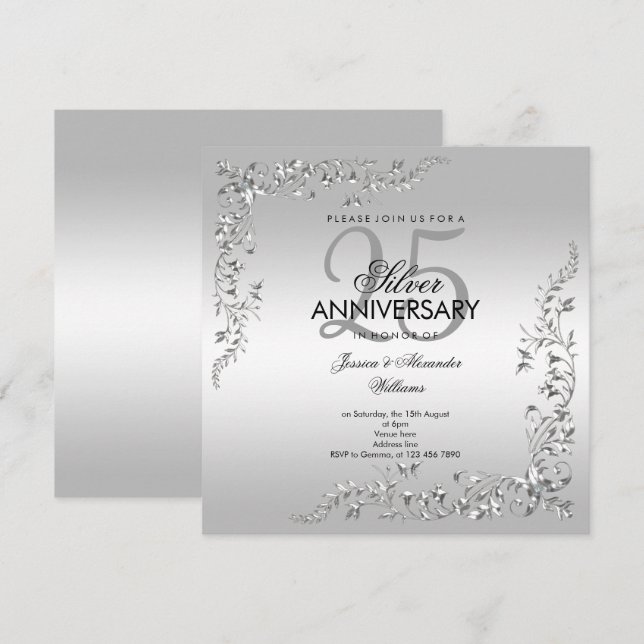 Invitation Décoration argentée pour les 25 ans de mariage (Devant / Derrière)
