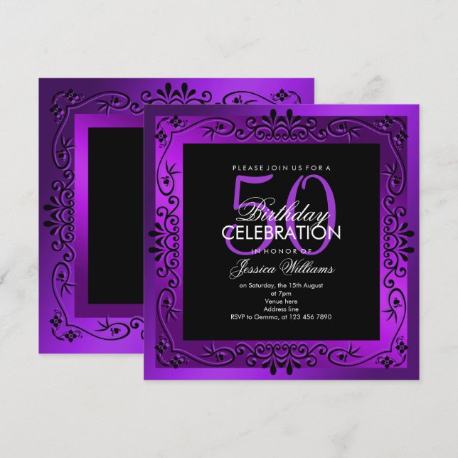 Invitation Décoration chic mauve encadrée 50e anniversaire (Devant / Derrière)