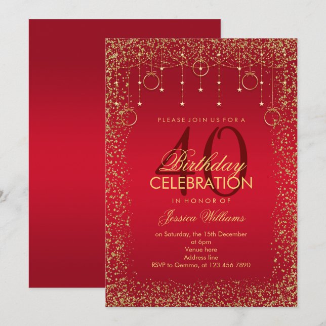 Invitation Décoration d'anniversaire rouge rubis et or paille (Devant / Derrière)