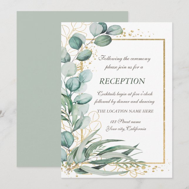 Invitation Décoration de mariage avec cadre doré et eucalyptu (Devant / Derrière)